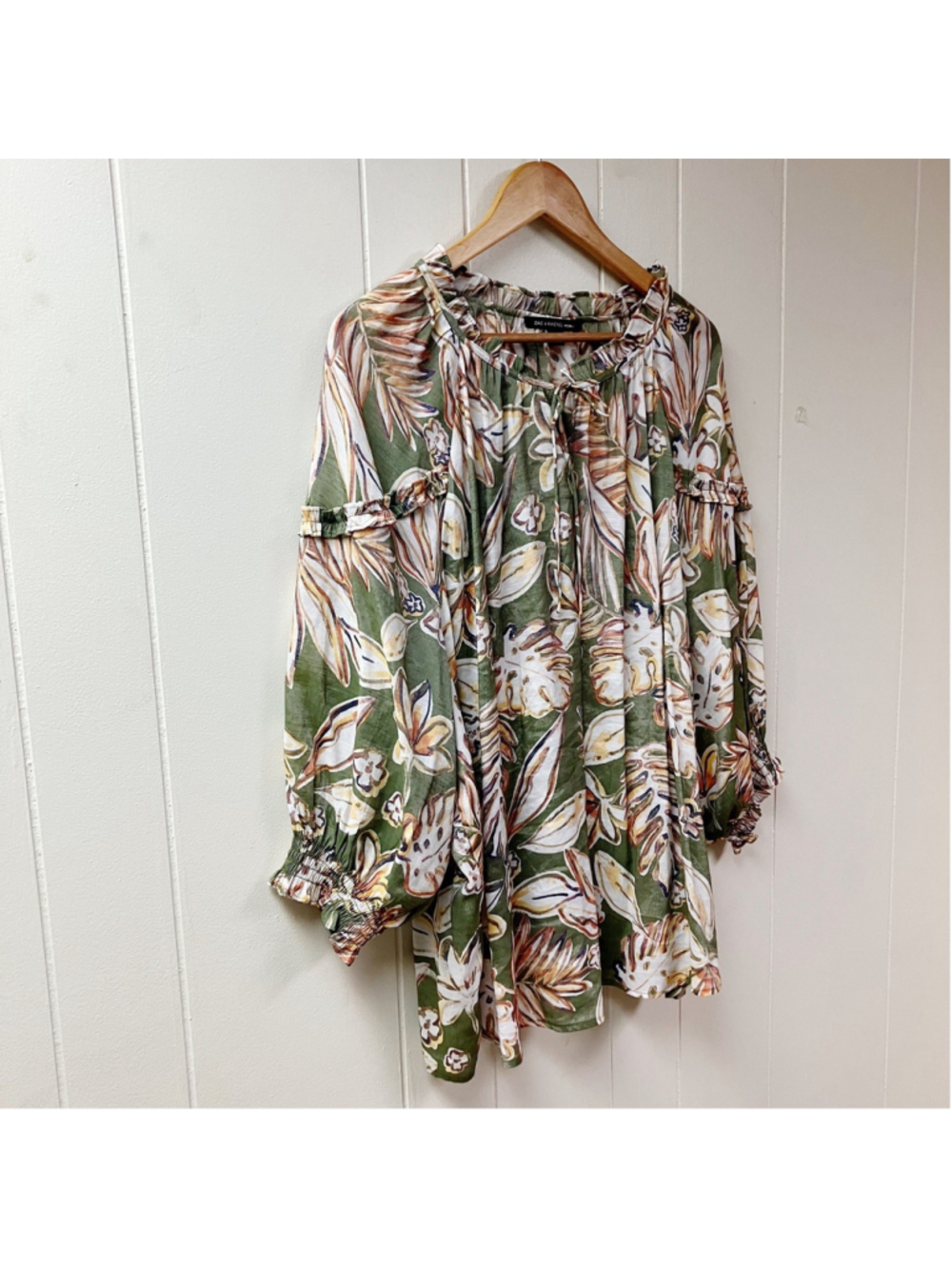 Fall Transition Autumn Leaf Peasant Tunic Blouse Plus SZ 3X Green Boho Ruffled - Picture 8 of 8